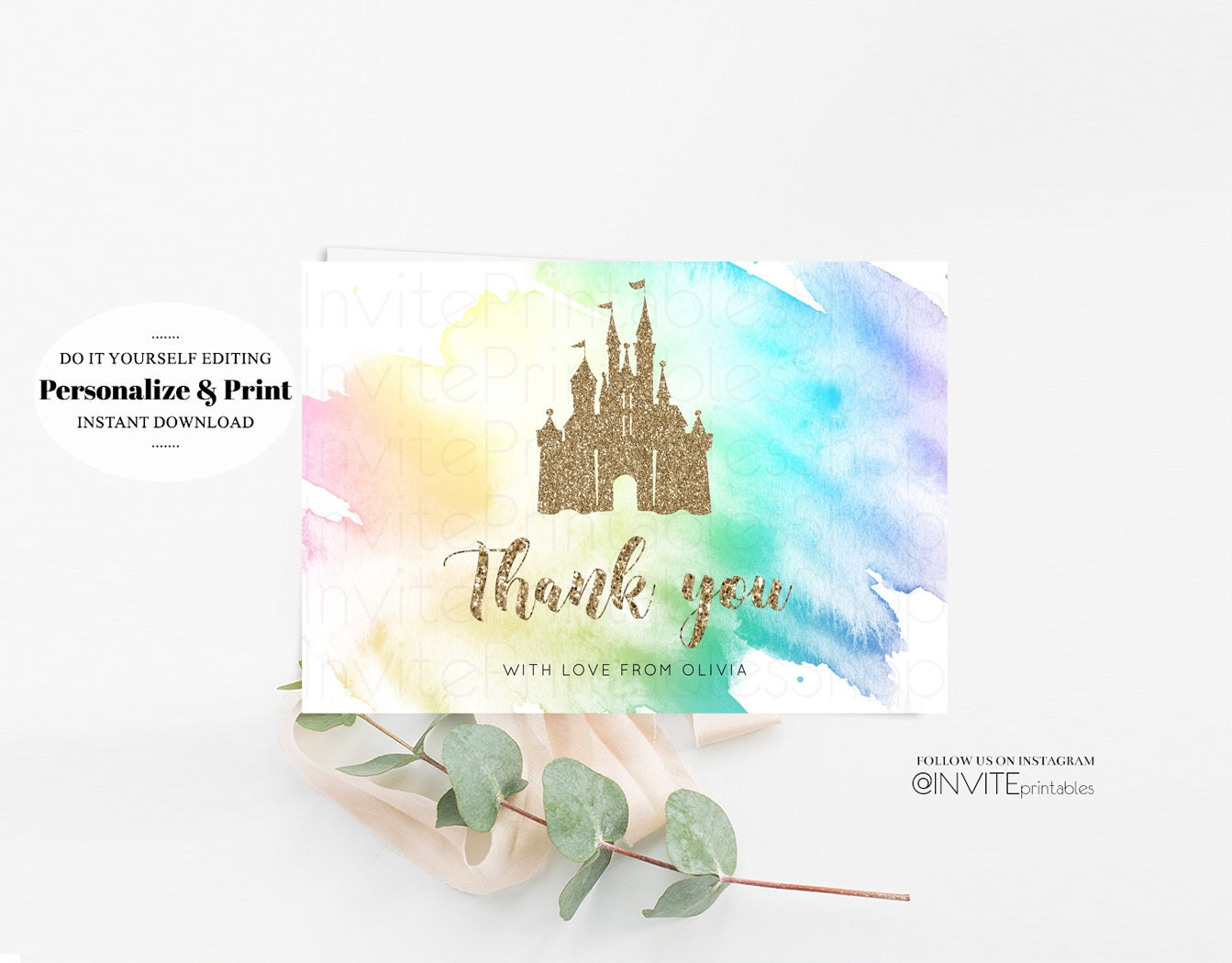 Castle Thank You Card Pastel Rainbow Detail Insert Card Enchanted Garden Watercolor Confetti Flowers Note Message Card Birthday Baby Shower