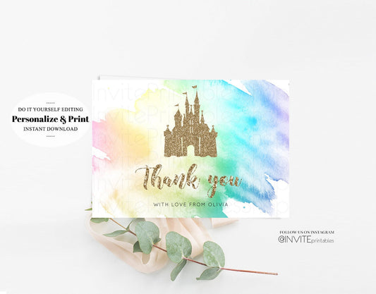 Castle Thank You Card Pastel Rainbow Detail Insert Card Enchanted Garden Watercolor Confetti Flowers Note Message Card Birthday Baby Shower