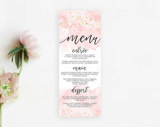 Pink Menu Pink Watercolor Menu Template Pastel Pink Table Décor Pink Watercolor Splash Dinner Dessert Pink Party Food Menu D10328