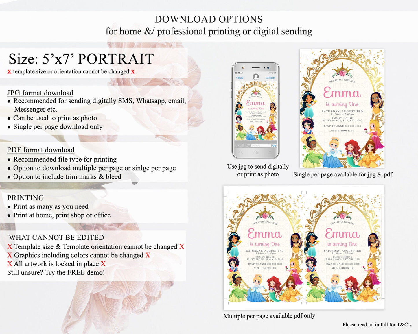 Princess Birthday Invitation Castle Invitation Royal Birthday Fairy Tale Enchanted Mirror Pastel Floral Garden 1st First Birthday D10152