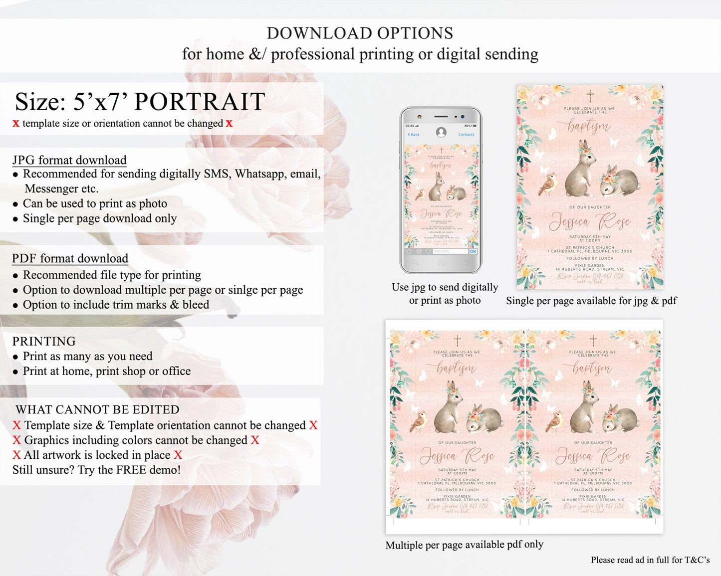 Bunny Baptism Invitation Floral Bunny Baptism 1st Birthday Invitation Pastel Bunny Christening Invite Watercolor Forest Bunny Party D10922
