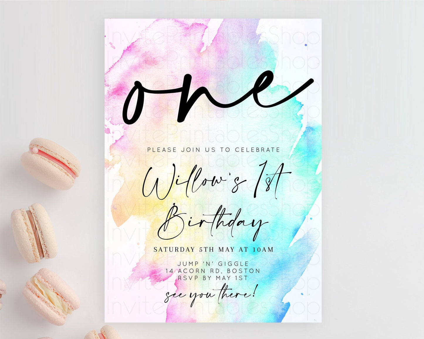 Rainbow Birthday Invitation Colorful Pastel Watercolor Invitation Gold Glitter Sprinkles Ombre Pastel 1st 2nd 3rd Birthday D11020