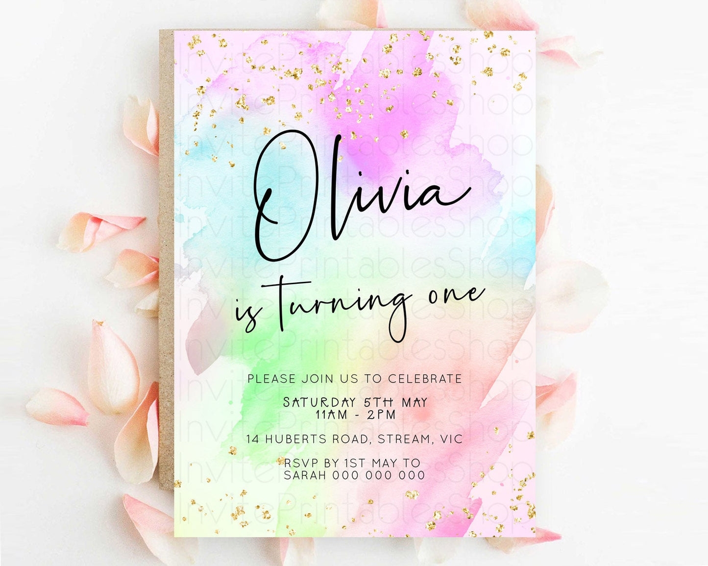Pastel Birthday Invitation Ombre Watercolor Birthday Invitation Glitter Rainbow Color Splash 1st 2nd 3rd Birthday Invitation D23072