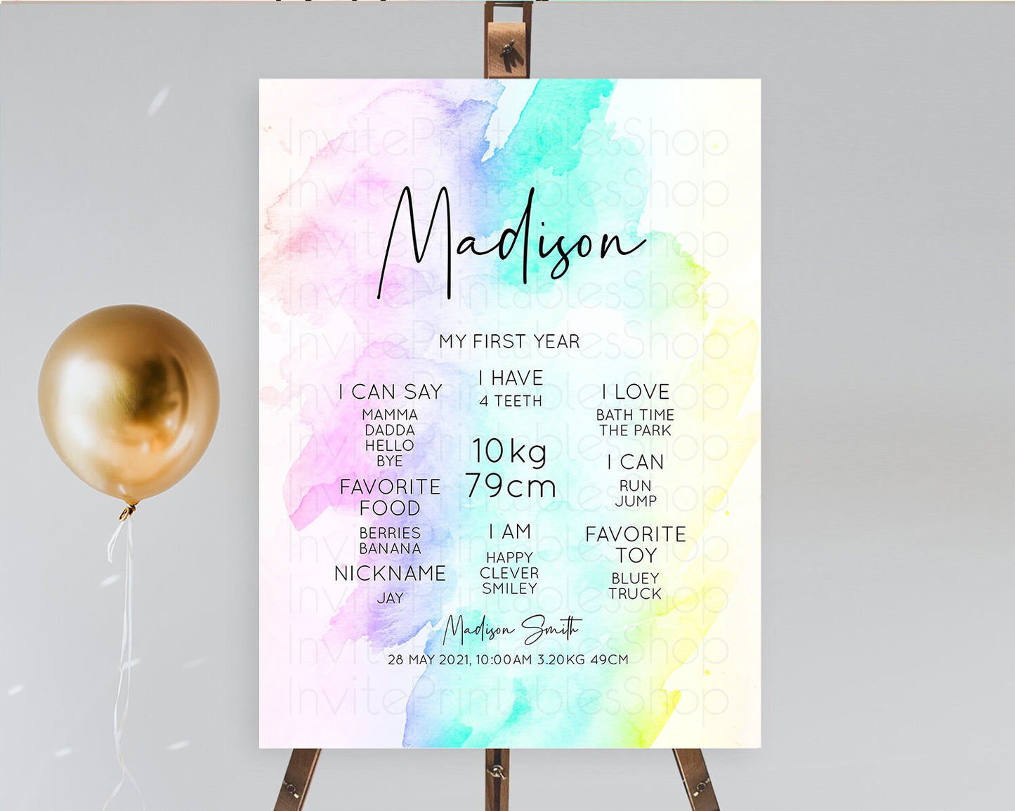 Pastel First Birthday Milestone Board Pastel Rainbow Milestone Poster Colorful Confetti Watercolor Glitter 1st Birthday Welcome Sign D10231