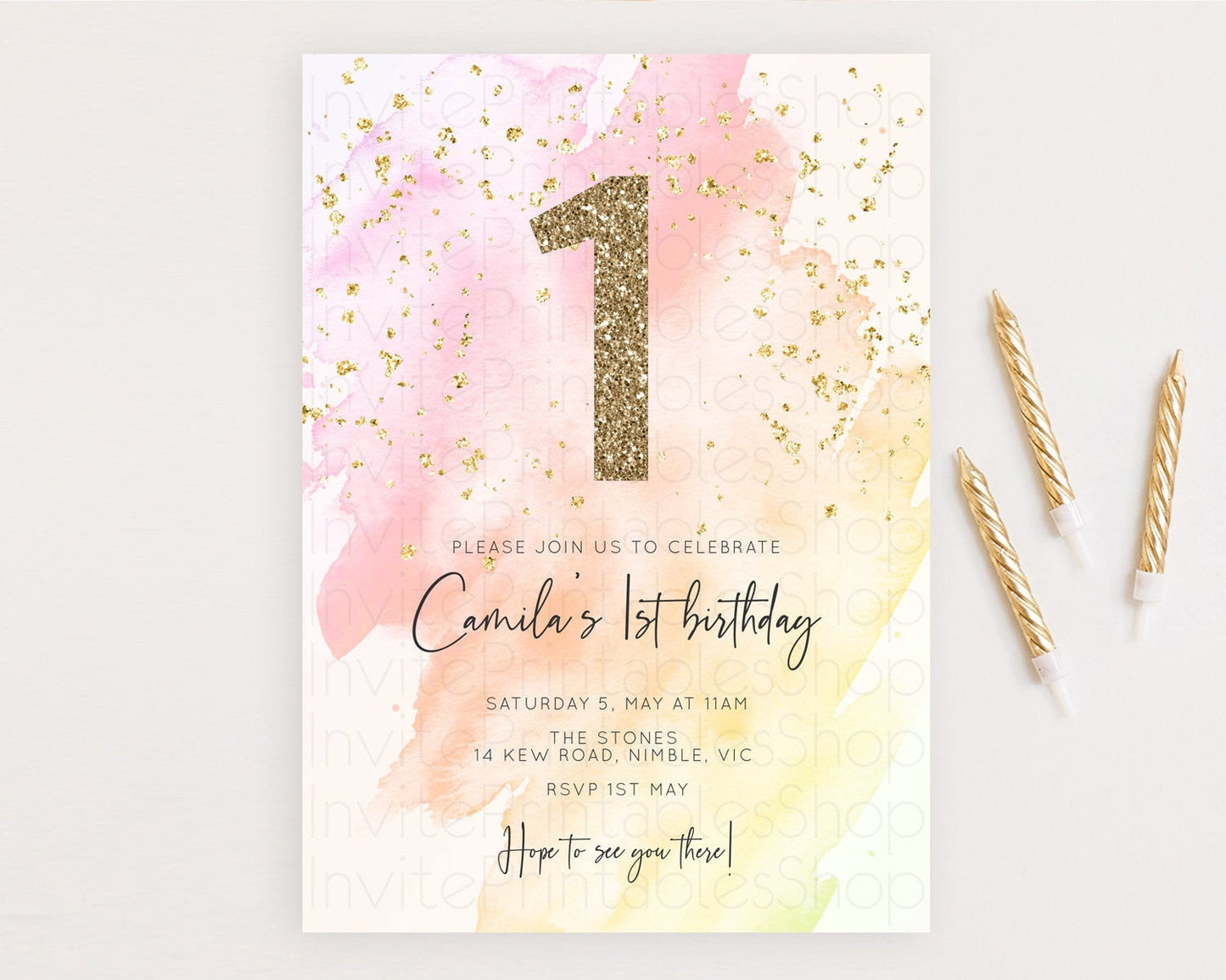 Pink Birthday Invitation pink Watercolor Invitation Pastel pink Watercolor Invitation pink Splash Gold Invitation 1st First Birthday D10167