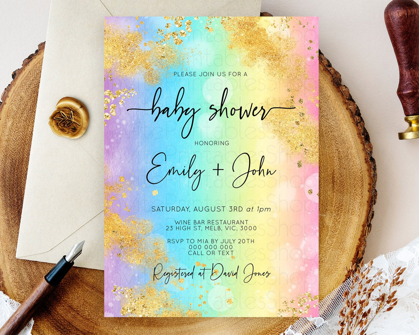 Pastel Baby Shower Invitation Rainbow Baby Shower Invitation Colorful Pastel Watercolor Invitation Gold Glitter Sprinkles Ombre D10559