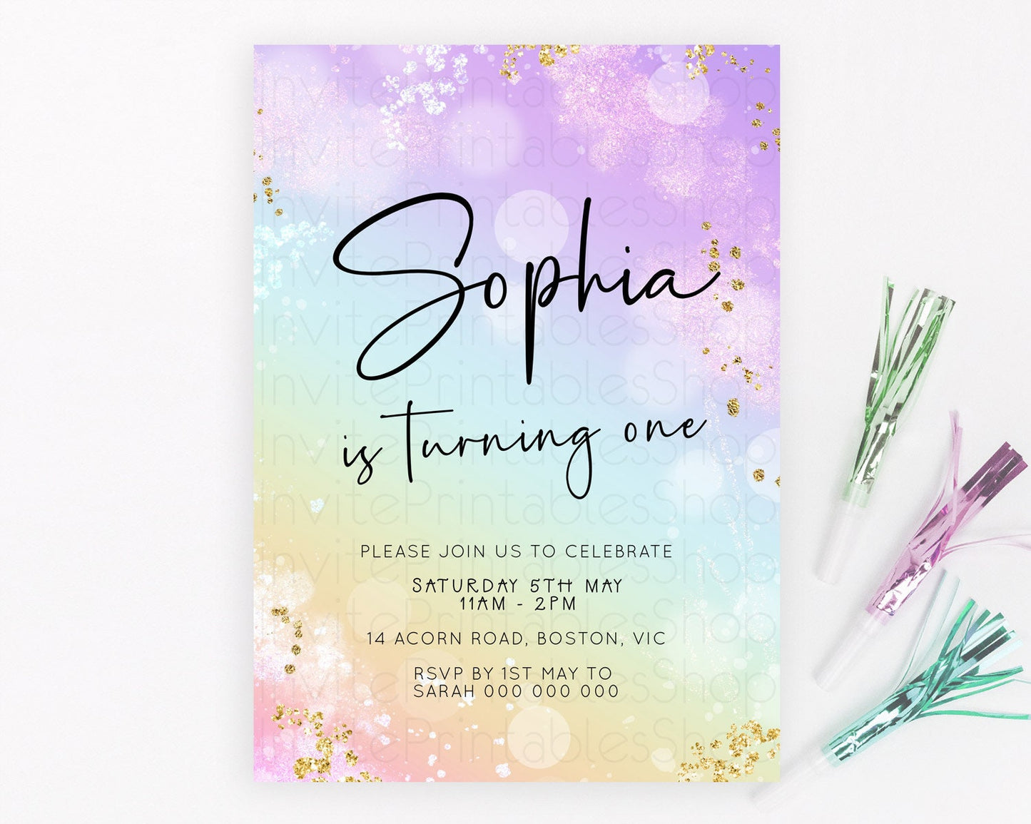 Pastel Birthday Invitation Ombre Watercolor Birthday Invitation Glitter Rainbow Color Splash 1st 2nd 3rd Birthday Invitation D23107