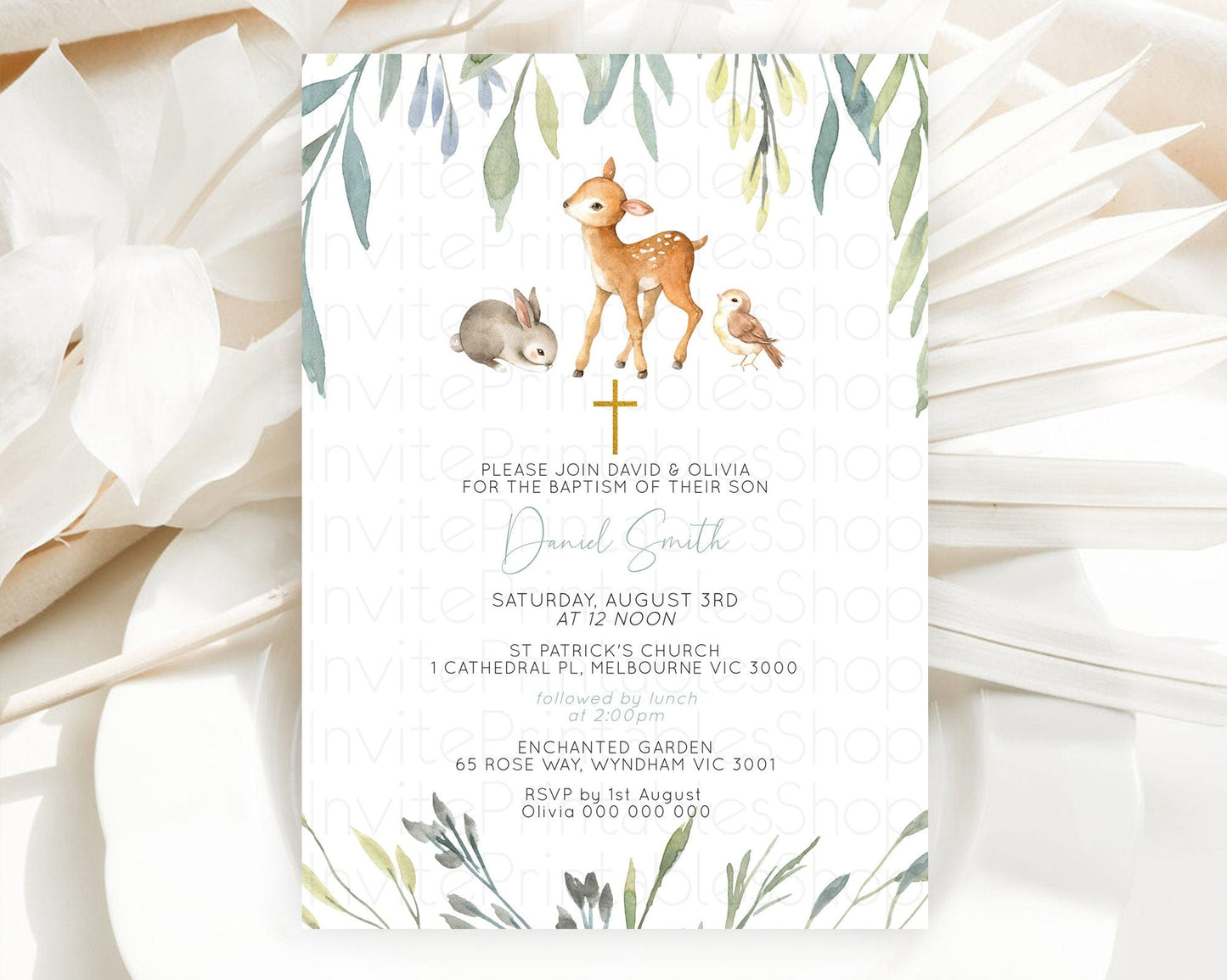 Fawn Baptism Invitation Deer Baptism 1st Birthday Invitation Enchanted Forest Christening Invitation Pastel Garden Butterfly Floral D10919
