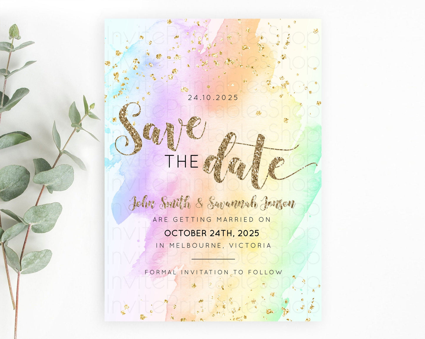 Pastel Save The Date Template Pastel Ombre Rainbow Watercolor Colorful Party For Birthday Baptism Baby Shower Wedding Bridal Shower D10643