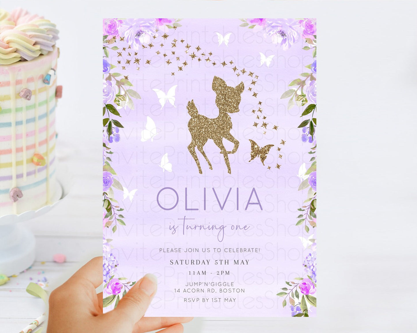 Fawn Birthday Invitation Deer Birthday Invitation Enchanted Forest Party Butterfly Pastel Flowers Whimsical 2nd 1st First Birthday D10963