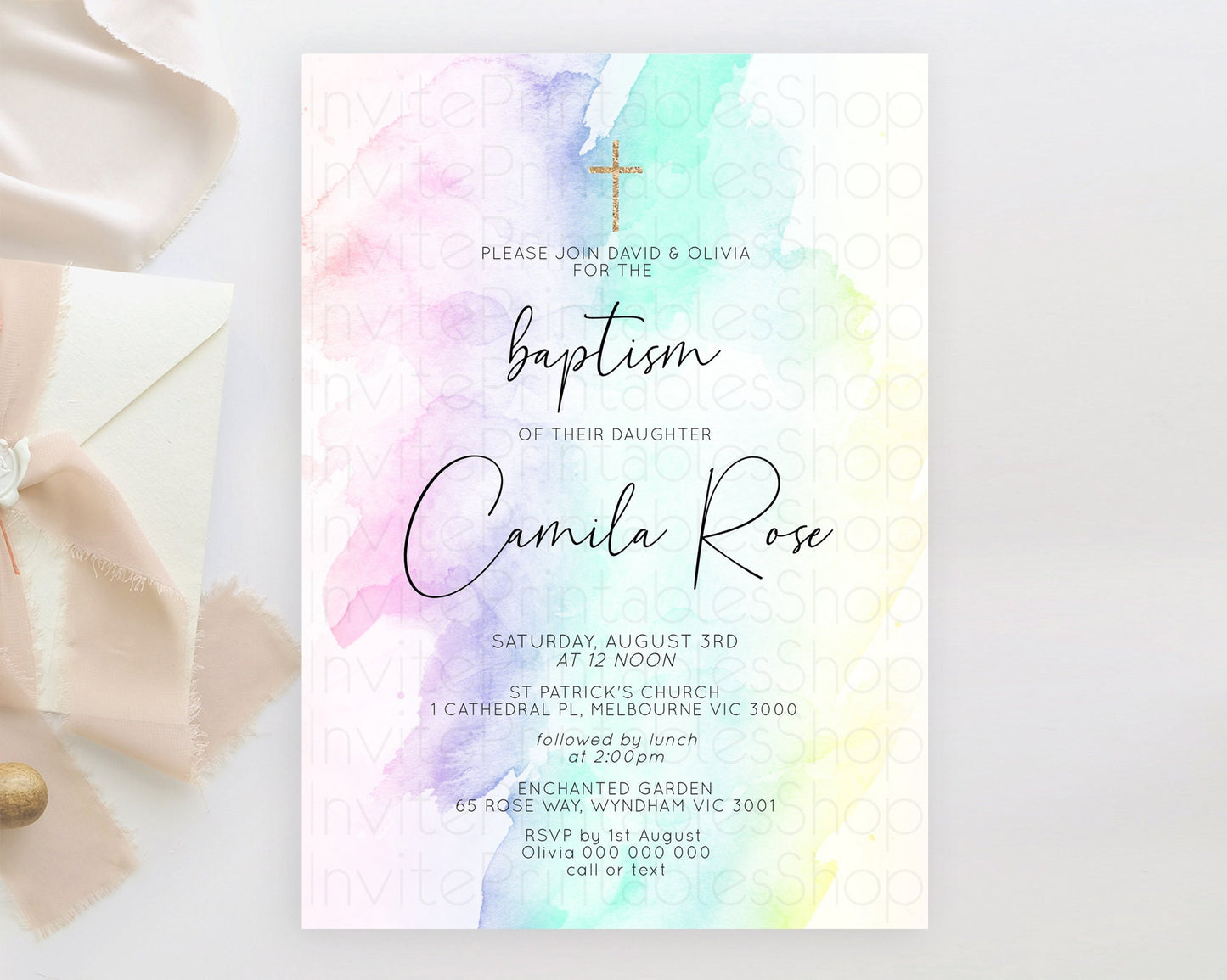 Pastel Baptism Invitation Pastel Colors Watercolor Baptism 1st Birthday Party Gold Ombre Pastel Rainbow Christening Holy Communion D10231