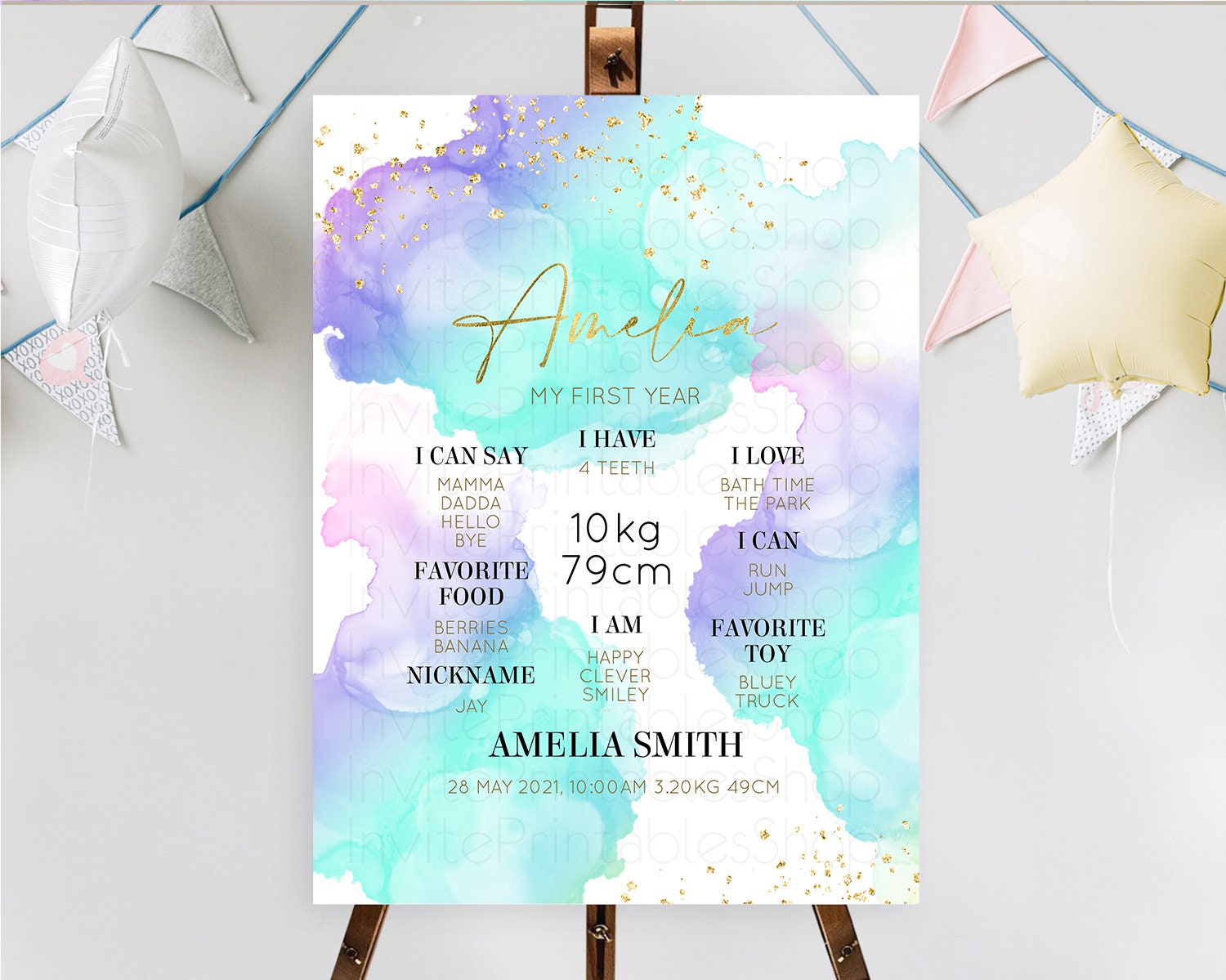 Editable Pastel First Birthday Milestone Board Pastel Rainbow Milestone Post