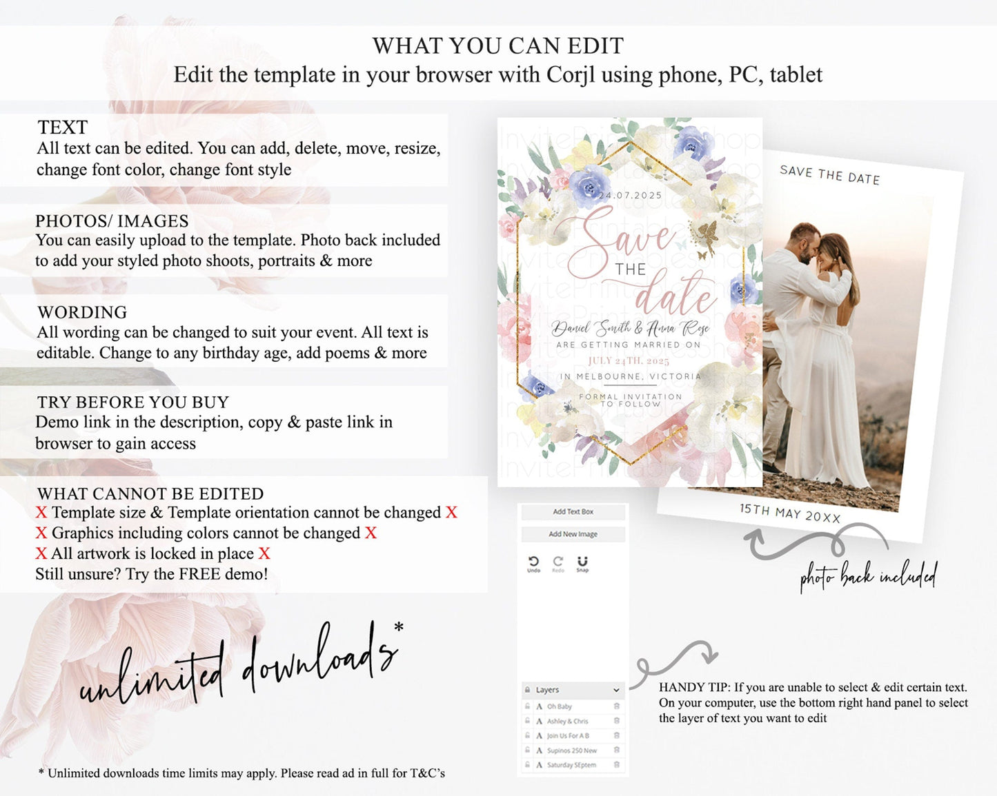 Fairy Save The Date Template Enchanted Garden Pastel Floral Butterfly Party Secret Garden Birthday Baptism Baby Shower Bridal Shower D10829