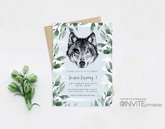 Wolf Invitation Wild Wolf Pack Tribal Boho Grey Wolves Blue Pastel Watercolor Splash Cursive Name Greenery Garden Forest Animal Boy Gir