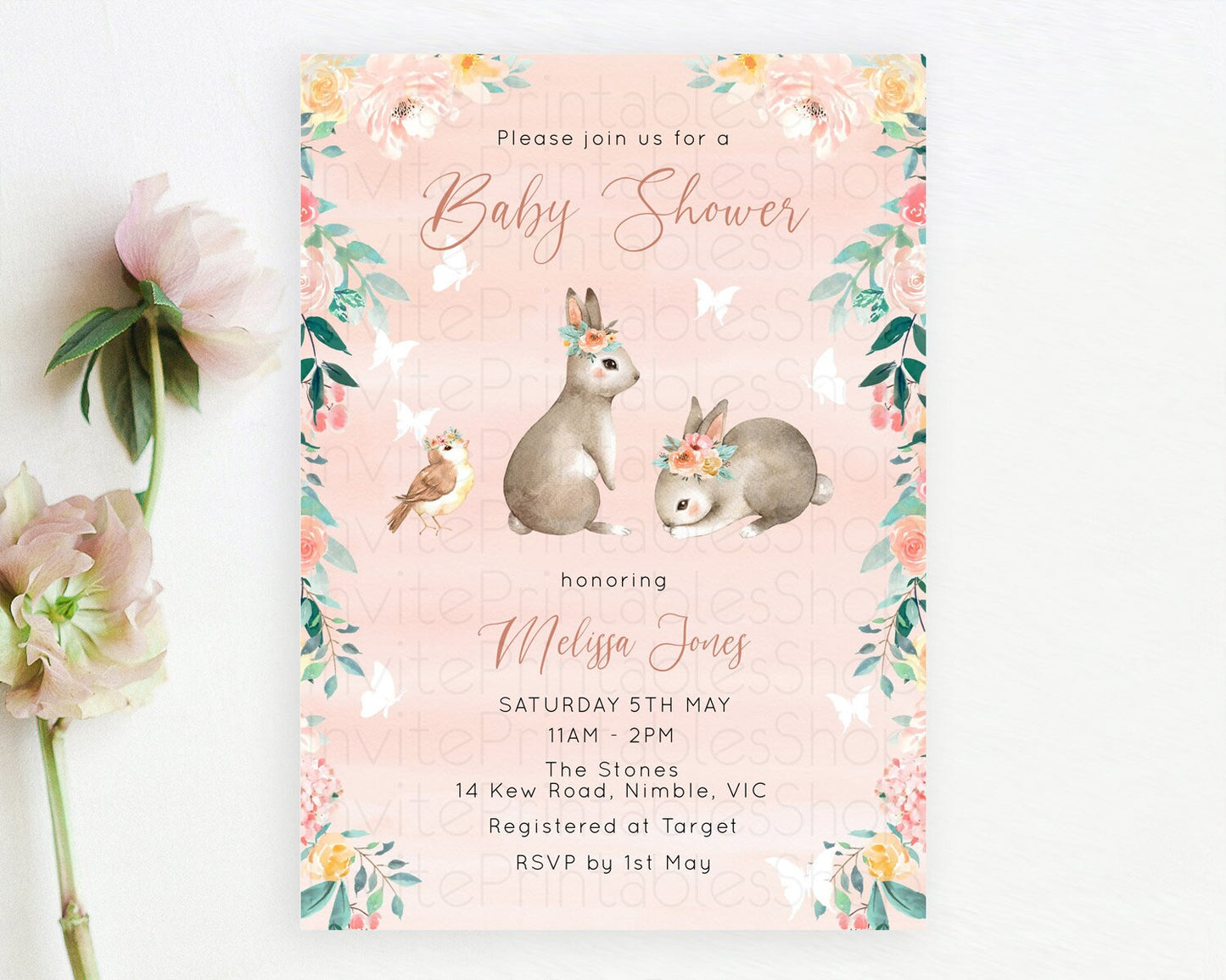 Bunny Baby Shower Invitation Enchanted Forest Invitation Secret Garden Pastel Floral Rabbit Butterfly Forest Bunny Woodland Theme D10922