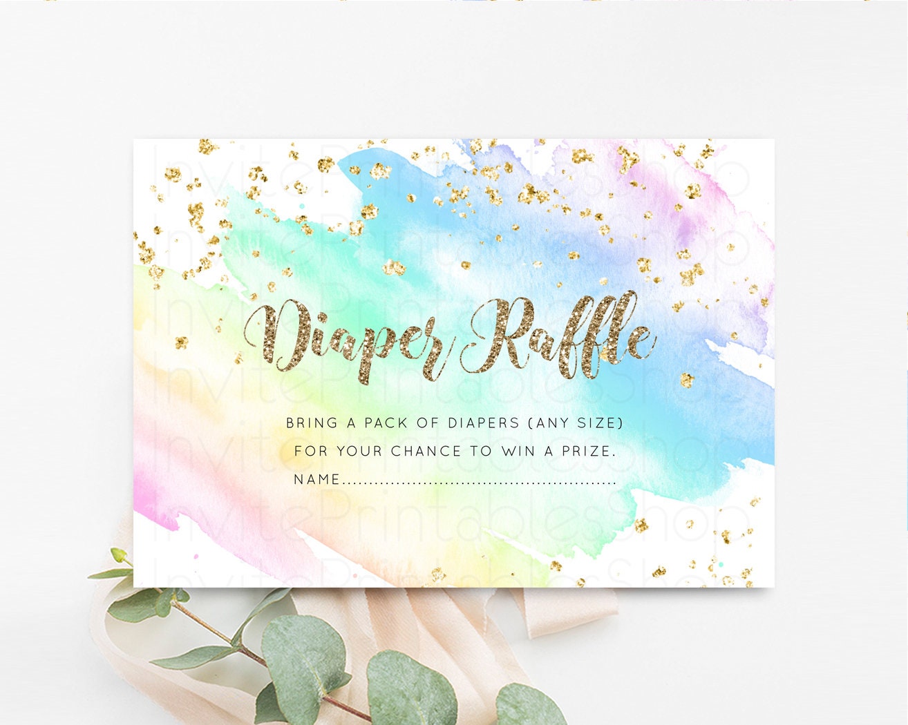 Rainbow Diaper Raffle Insert Baby Shower Diaper Game Ticket Card Watercolor Splash Colorful Pastel Glitter Confetti Sprinkles Neutral g601