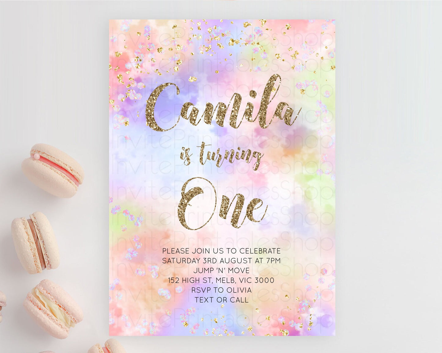 Rainbow Birthday Invitation Colorful Pastel Watercolor Invitation Gold Glitter Sprinkles Ombre Pastel 1st 2nd 3rd Birthday D11019