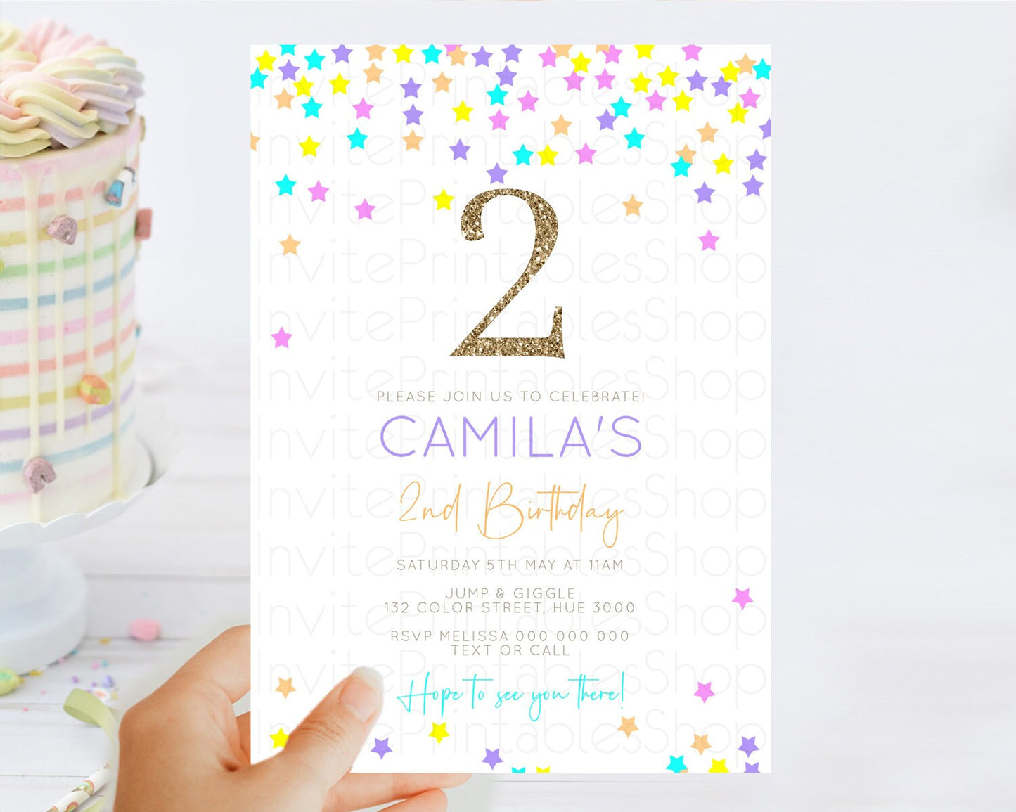 Star Birthday Invitation Pastel Stars Invite Shooting Star Party Rainbow Colorful Confetti Twinkle Little Star 2nd First Birthday D10397