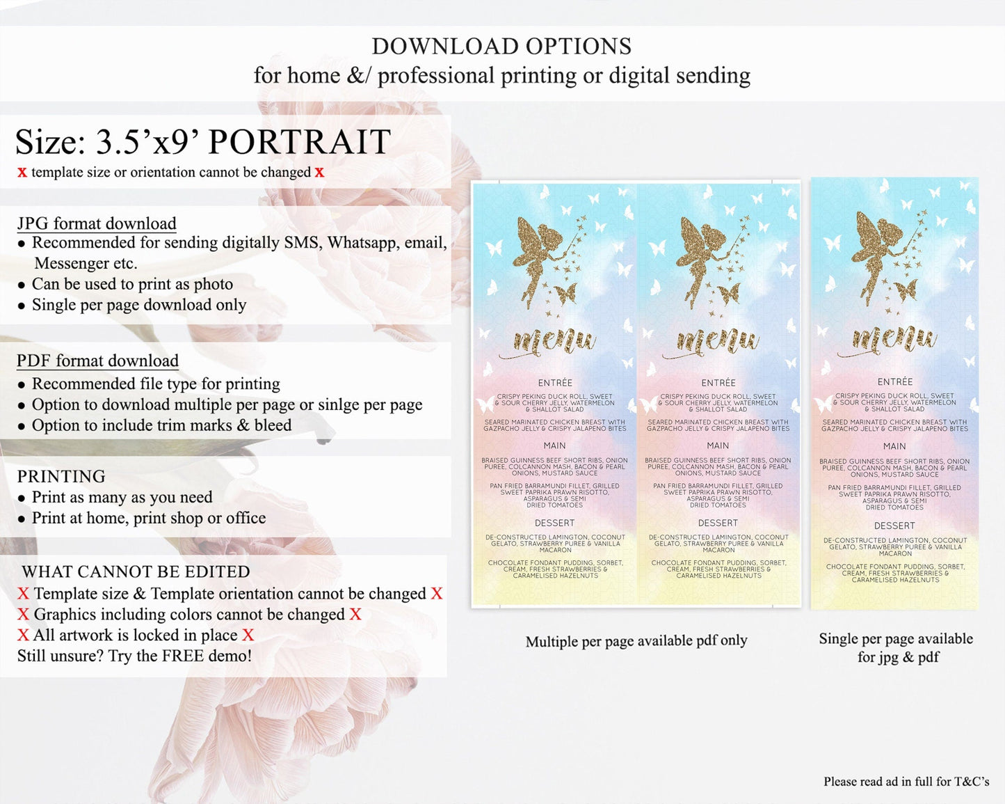 Fairy Menu Fairy Menu Template Enchanted Garden Pastel Floral Butterfly Table Decor Fairy Secret Garden Dinner Dessert Food Menu D10894