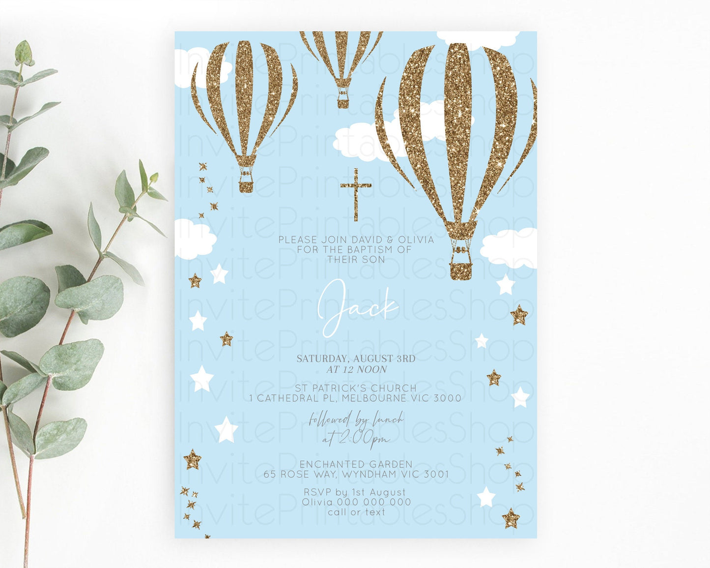 Hot Air Balloon Baptism Invitation Hot Air Balloon Baptism Birthday Invitation Adventure Awaits Up Up Away Glitter Blue Watercolor D10332