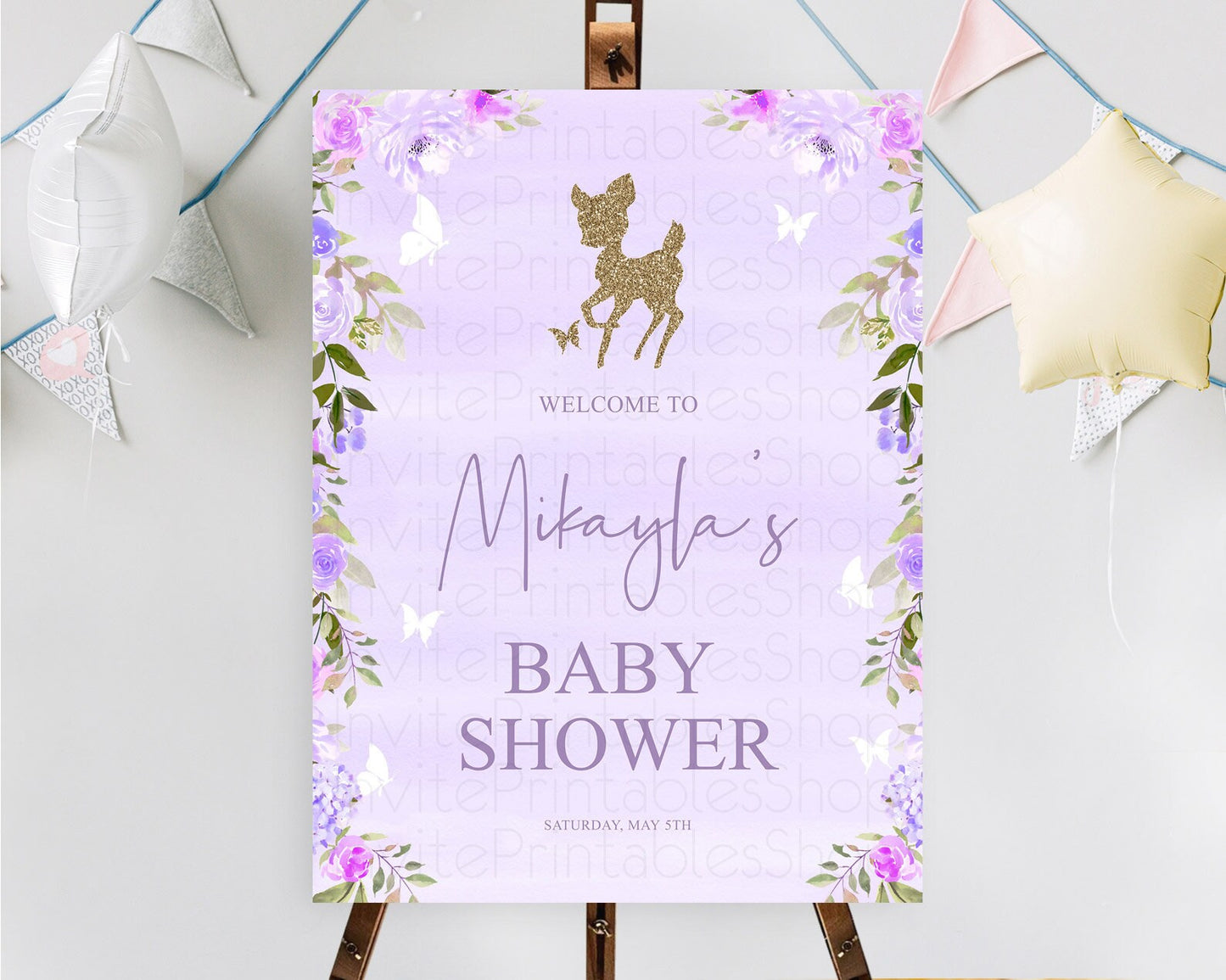 Fawn Baby Shower Welcome Sign Deer Welcome Board Floral Deer Welcome Poster Enchanted Forest Butterfly Pastel Floral Welcome Sign D10963