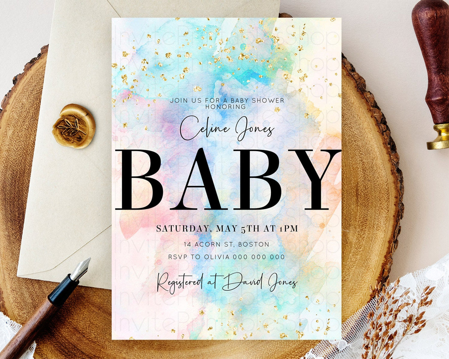 Pastel Baby Shower Invitation Rainbow Baby Shower Invitation Colorful Pastel Watercolor Invitation Gold Glitter Sprinkles Ombre D10266