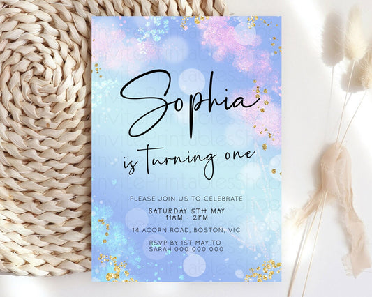 Blue Birthday Invitation Blue Watercolor Invitation Pastel Blue Watercolor Invitation Blue Splash Gold Invitation 1st First Birthday D23106