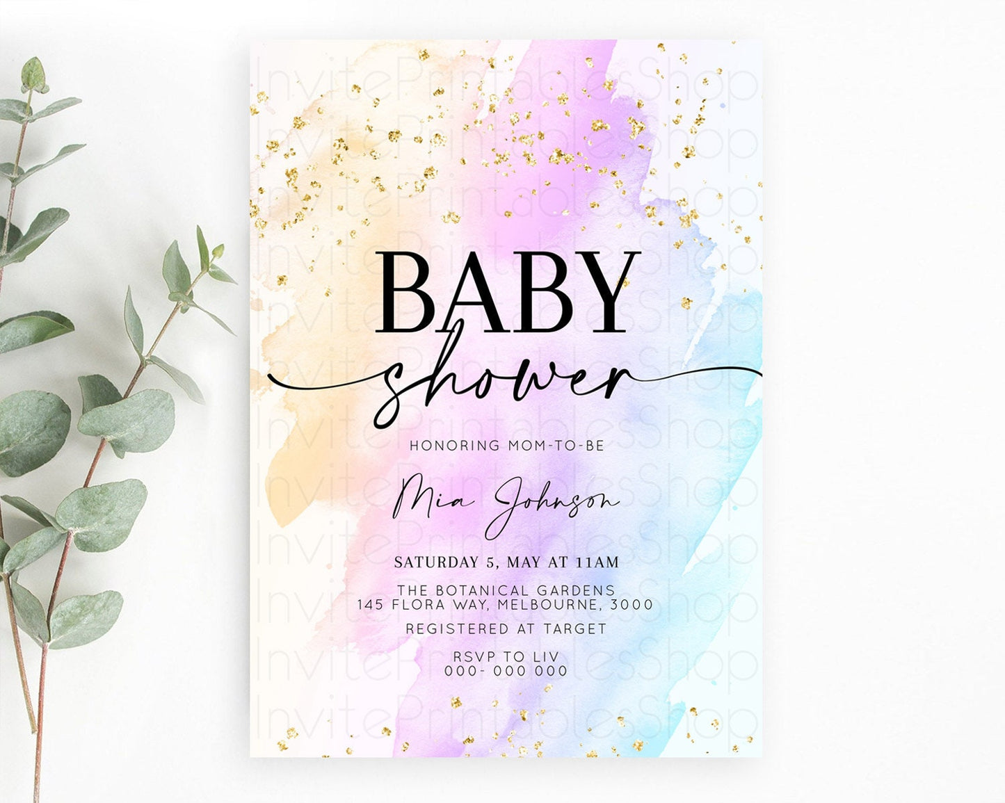 Pastel Baby Shower Invitation Rainbow Baby Shower Invitation Colorful Pastel Watercolor Invitation Gold Glitter Sprinkles Ombre D10175