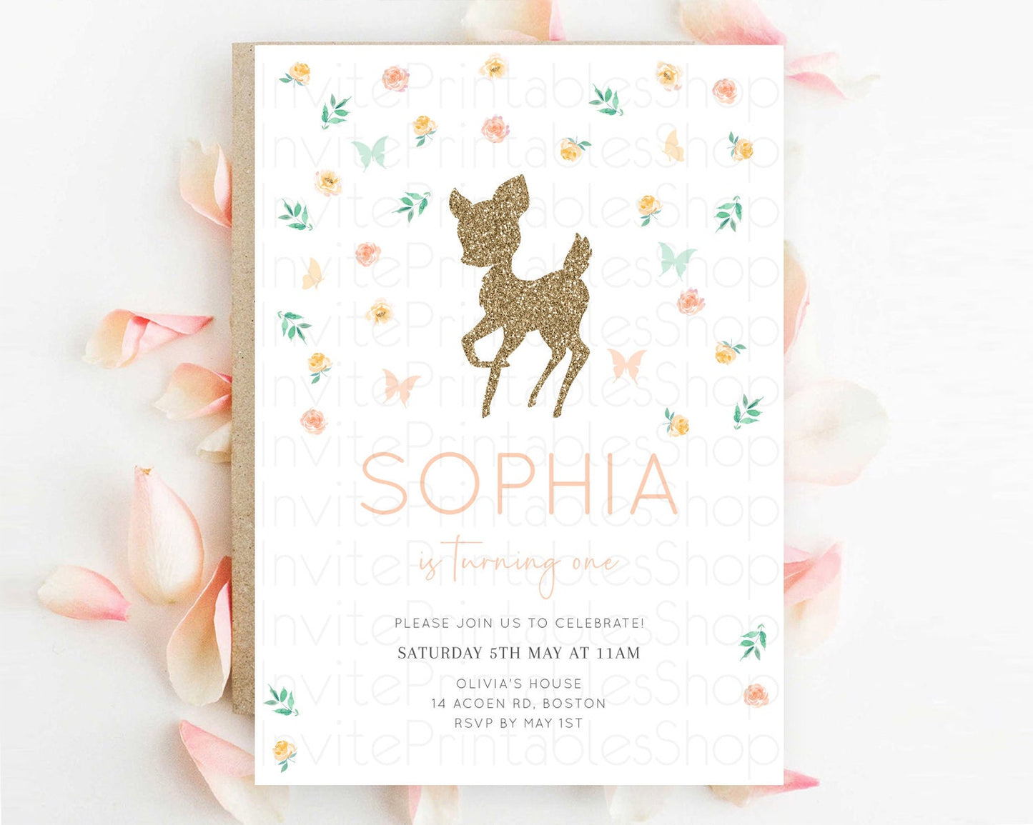 Fawn Birthday Invitation Deer Birthday Invitation Enchanted Forest Party Butterfly Pastel Flowers Whimsical 2nd 1st First Birthday D10355