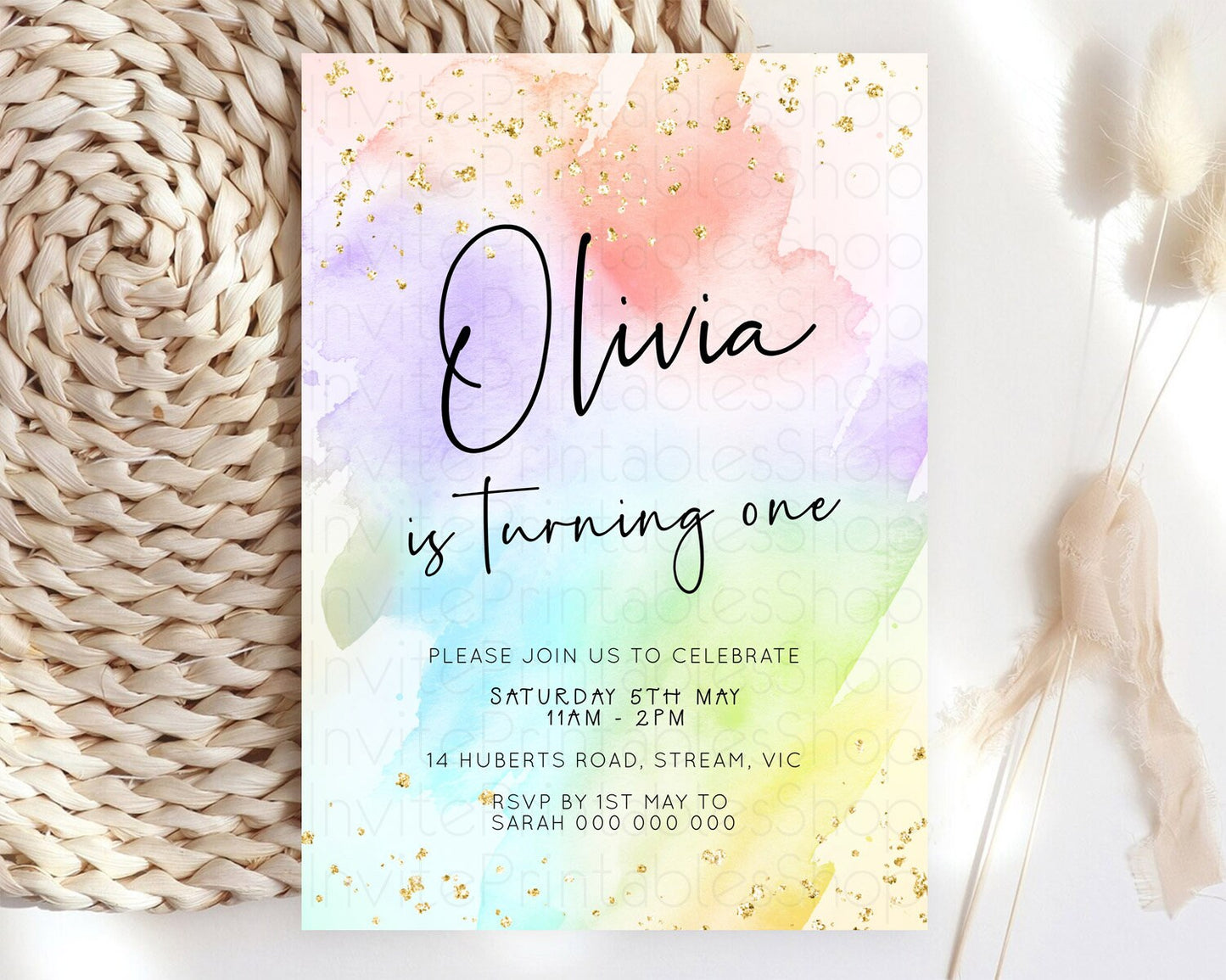 Pastel Birthday Invitation Ombre Watercolor Birthday Invitation Glitter Rainbow Color Splash 1st 2nd 3rd Birthday Invitation D23071