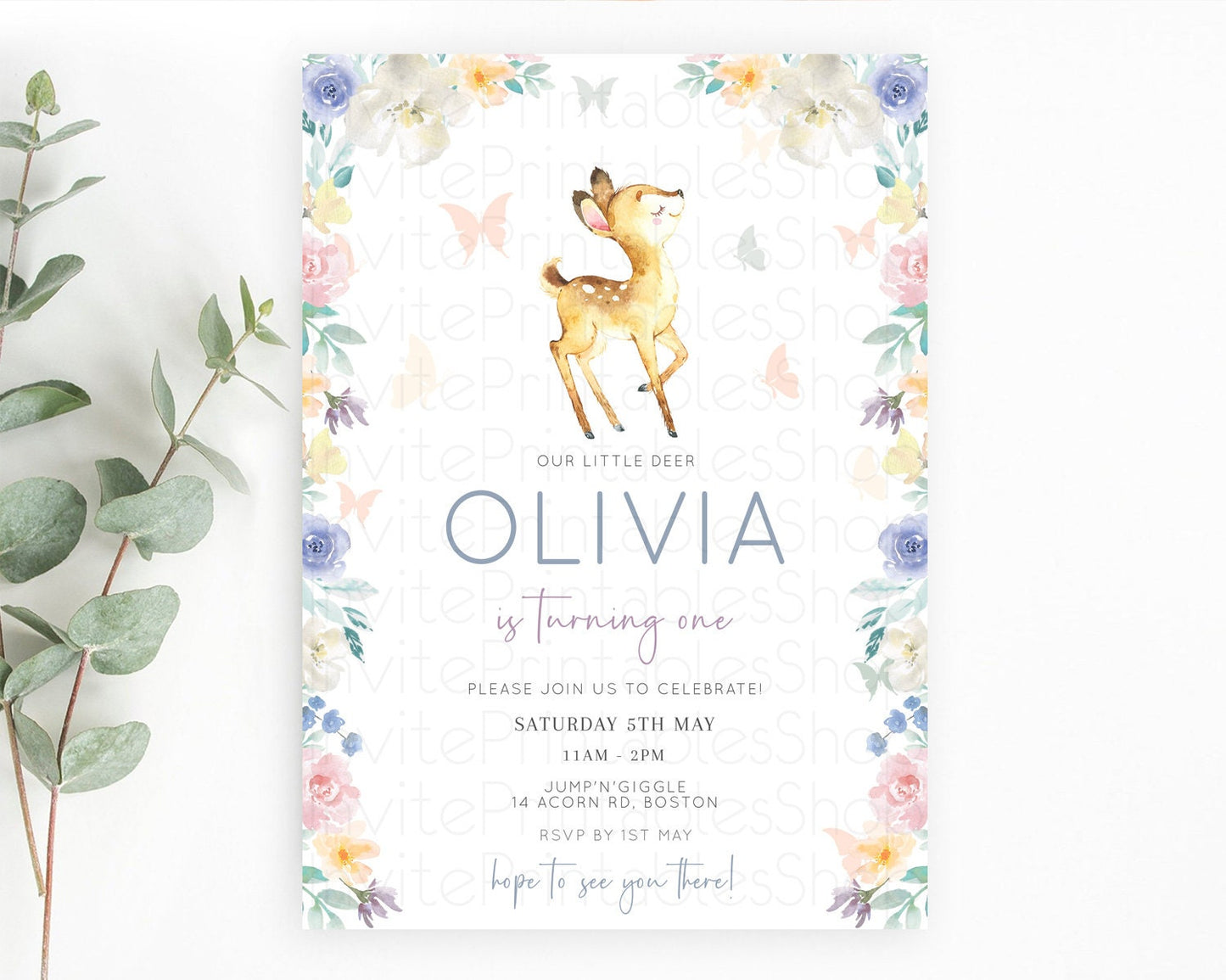 Fawn Birthday Invitation Deer Birthday Invitation Enchanted Forest Party Butterfly Pastel Flowers Whimsical 2nd 1st First Birthday D11035