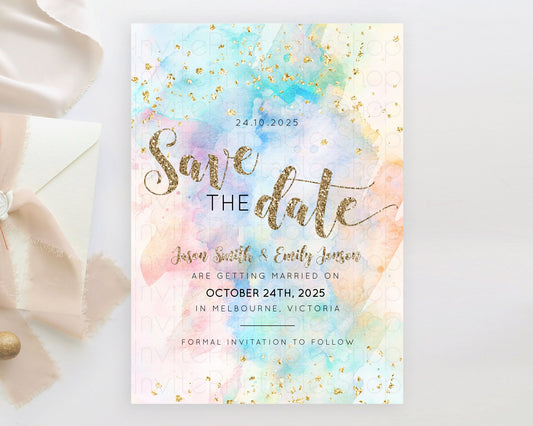 Editable Pastel Save The Date Template Pastel Ombre Rainbow Watercolor Color