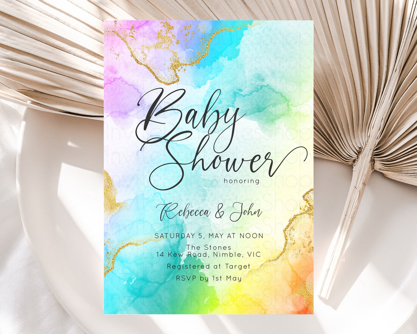 Rainbow Baby Shower Invitation Gold Glitter Splash Ink Pastel Watercolor Colorful Blue Pink Purple Yellow Gender Neutral Editable D10390