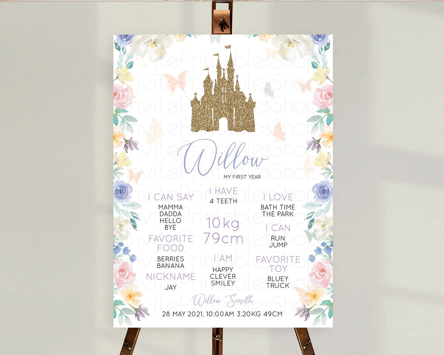 Princess First Birthday Milestone Poster Castle Milestone Board Secret Garden Enchanted Castle Pastel Floral Garden First Birthday D10931