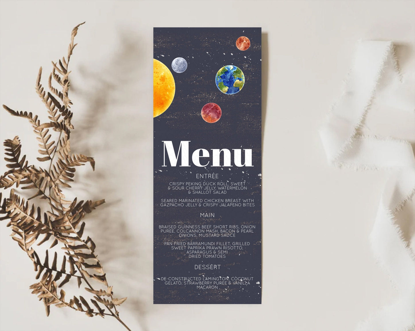 Space Menu Space Menu Template First Trip Around the Sun Table Decor Planets Solar System ONE year Food Menu Dinner Dessert Menu D10144