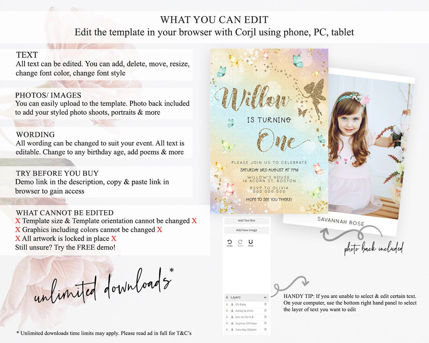Pastel Fairy Birthday Invitation Pastel Butterflies Fairy Birthday Invitation Rainbow Ombre Watercolor 1st 2nd Birthday Invitation D23159