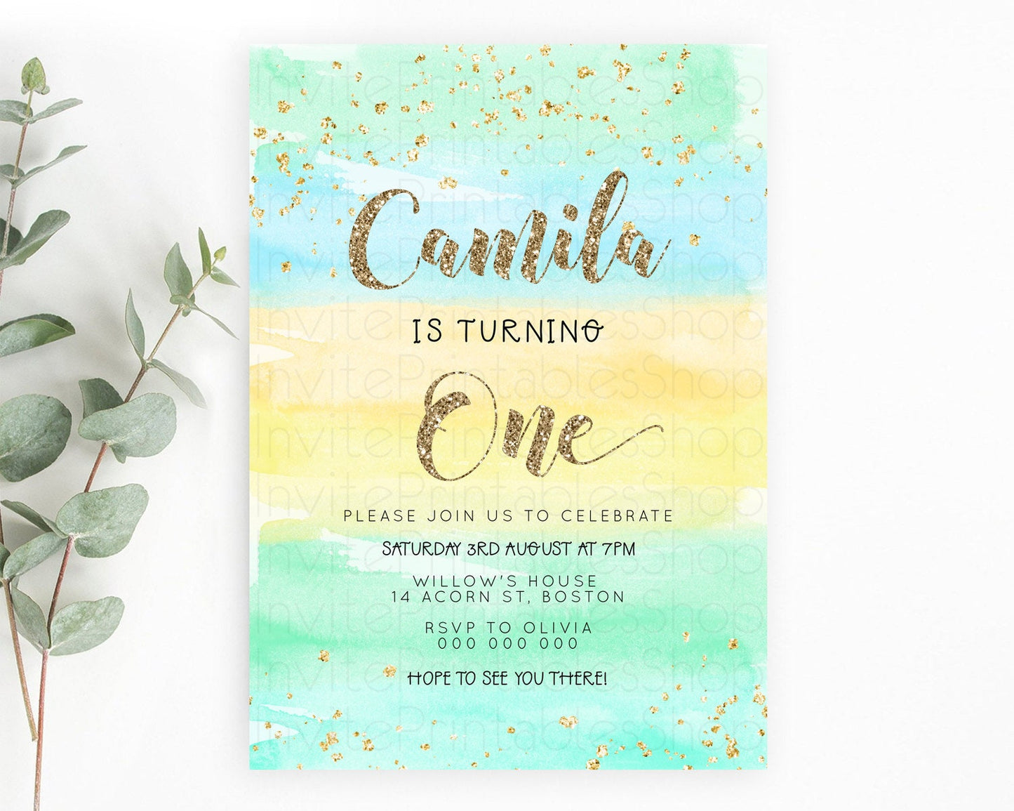 Rainbow Birthday Invitation Colorful Pastel Watercolor Invitation Gold Glitter Sprinkles Ombre Pastel 1st 2nd 3rd Birthday D23269
