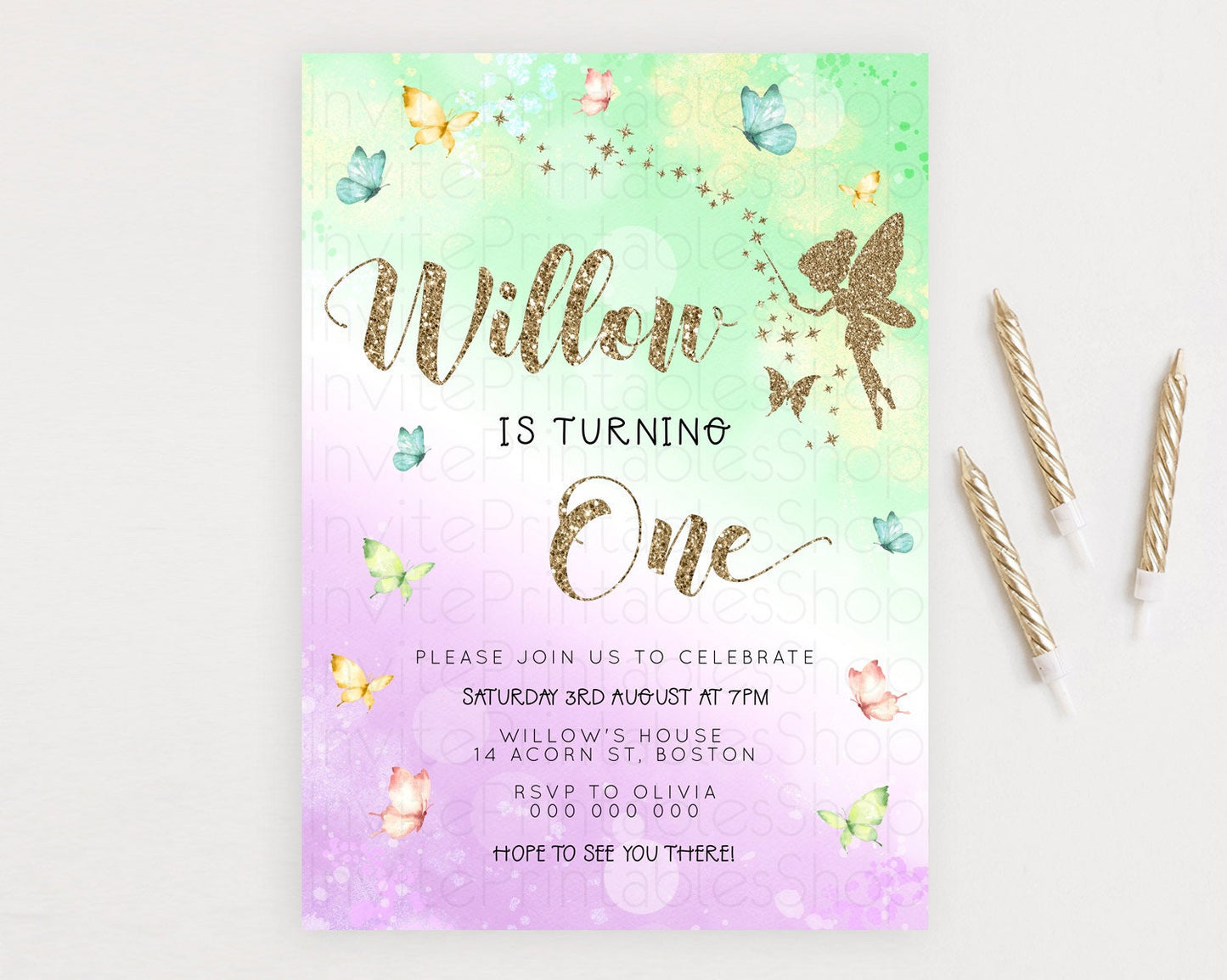 Pastel Fairy Birthday Invitation Pastel Butterflies Fairy Birthday Invitation Rainbow Ombre Watercolor 1st 2nd Birthday Invitation D23157