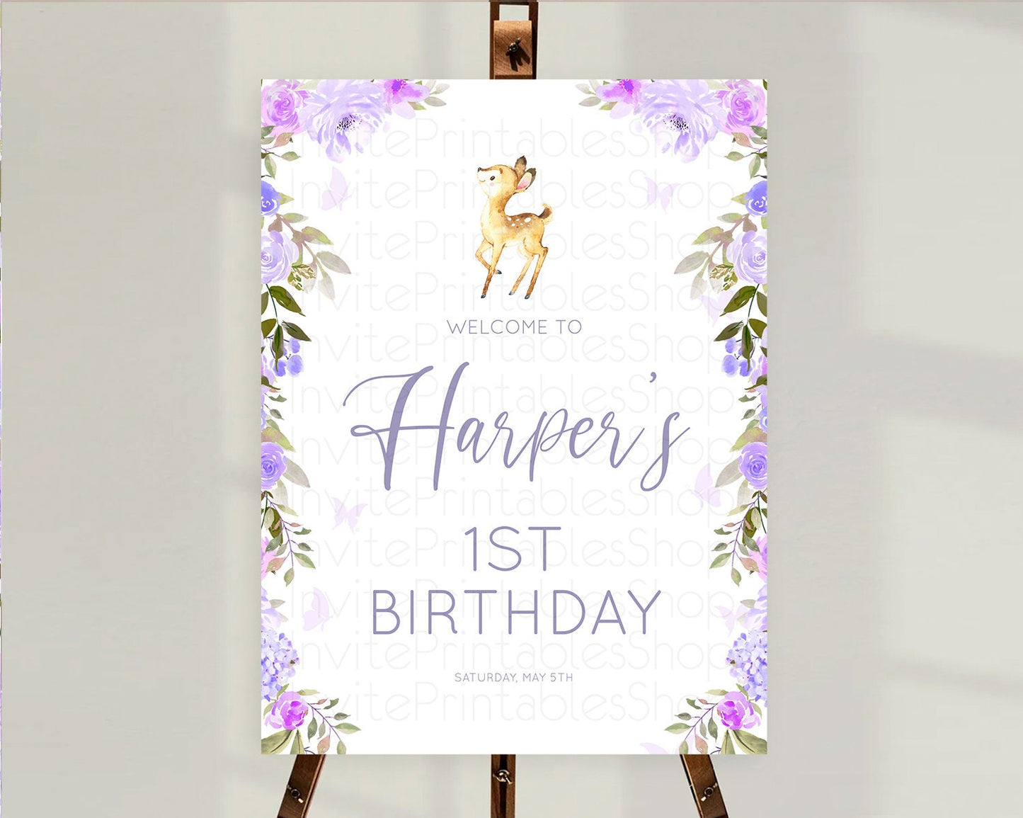 Fawn Welcome Sign Deer Welcome Board Floral Deer Welcome Poster Enchanted Forest Butterfly Pastel Floral First Birthday Welcome Sign D10916