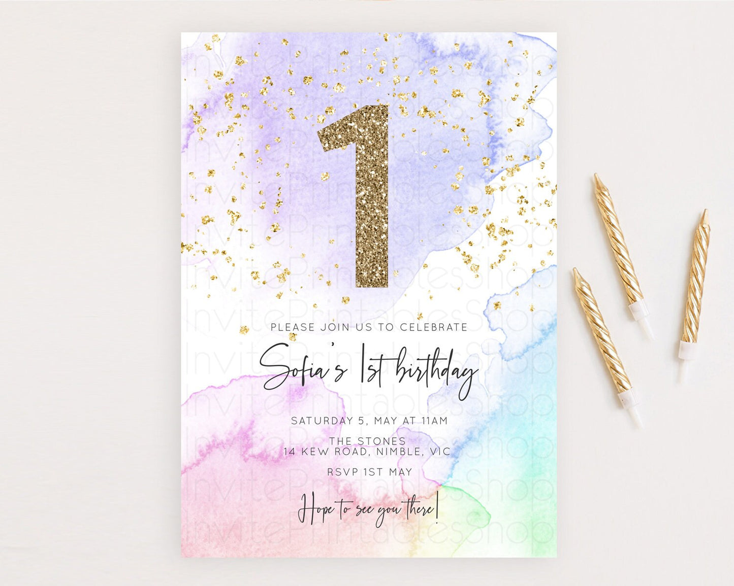 Rainbow Birthday Invitation Colorful Pastel Watercolor Invitation Gold Glitter Sprinkles Ombre Pastel 1st 2nd 3rd Birthday D10215