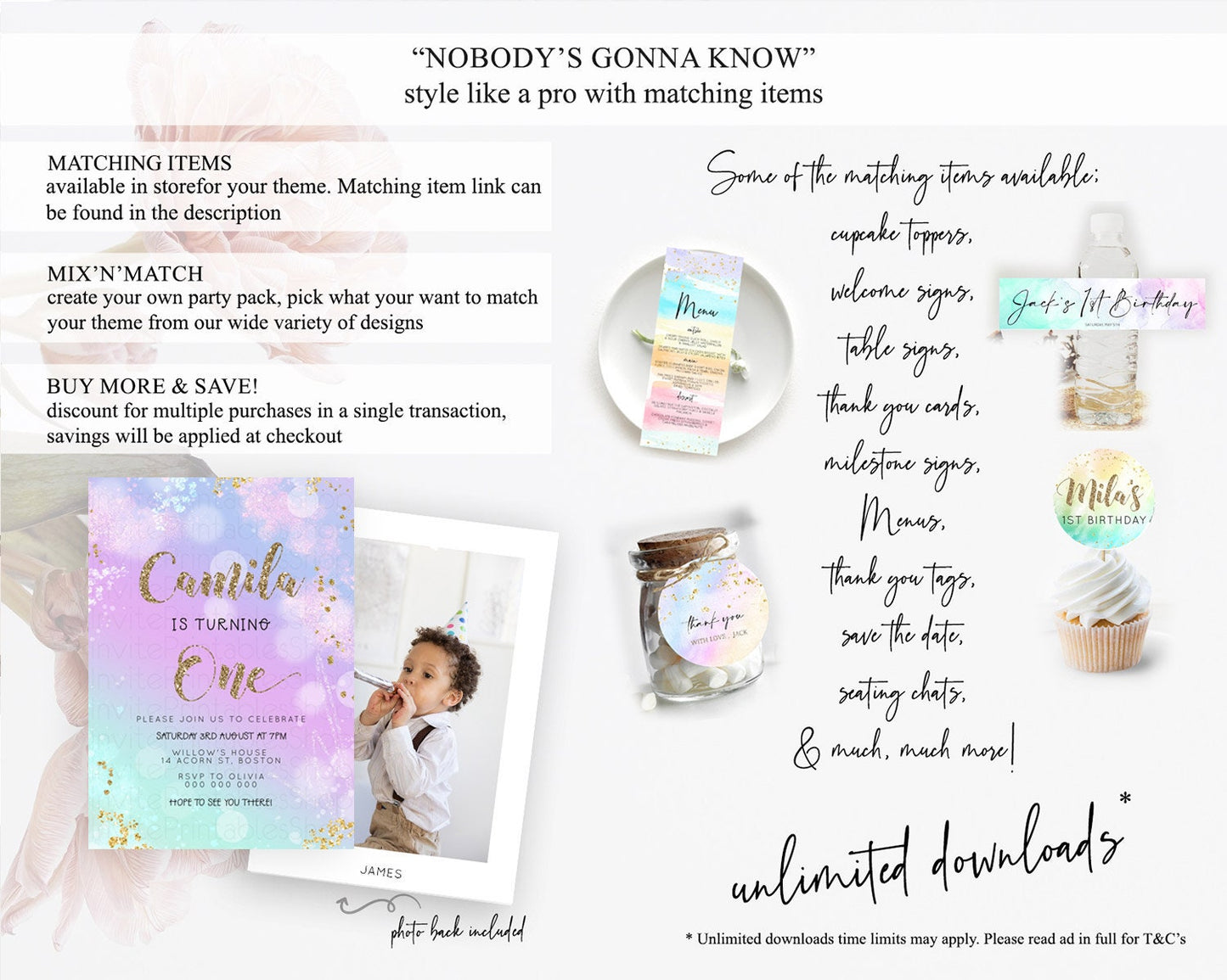 Rainbow Birthday Invitation Colorful Pastel Watercolor Invitation Gold Glitter Sprinkles Ombre Pastel 1st 2nd 3rd Birthday D23127