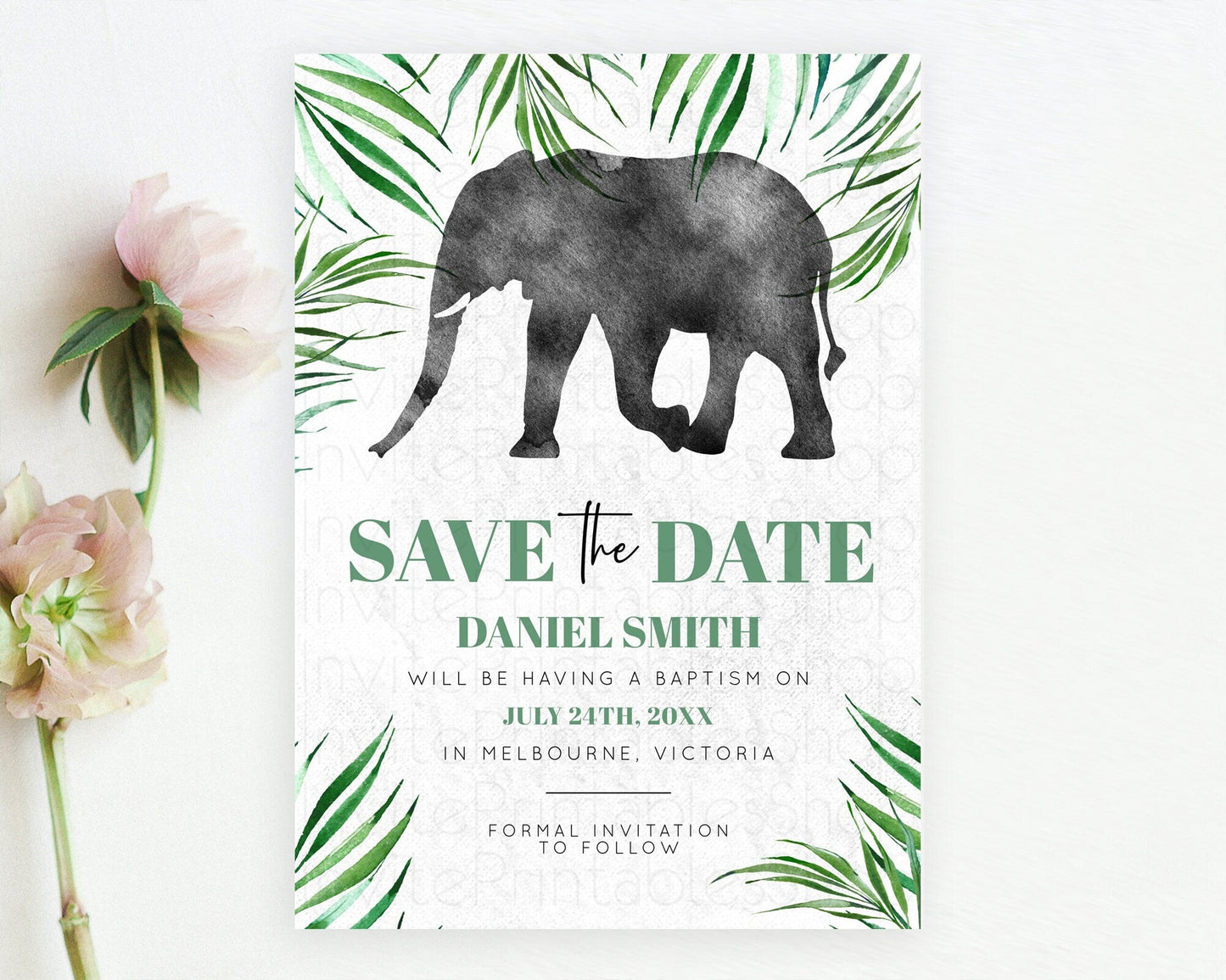 Elephant Save The Date Template Elephant Safari Adventure Party Dried Palm Fern Zoo 1st Birthday Baptism Baby Shower Bridal Shower D10842