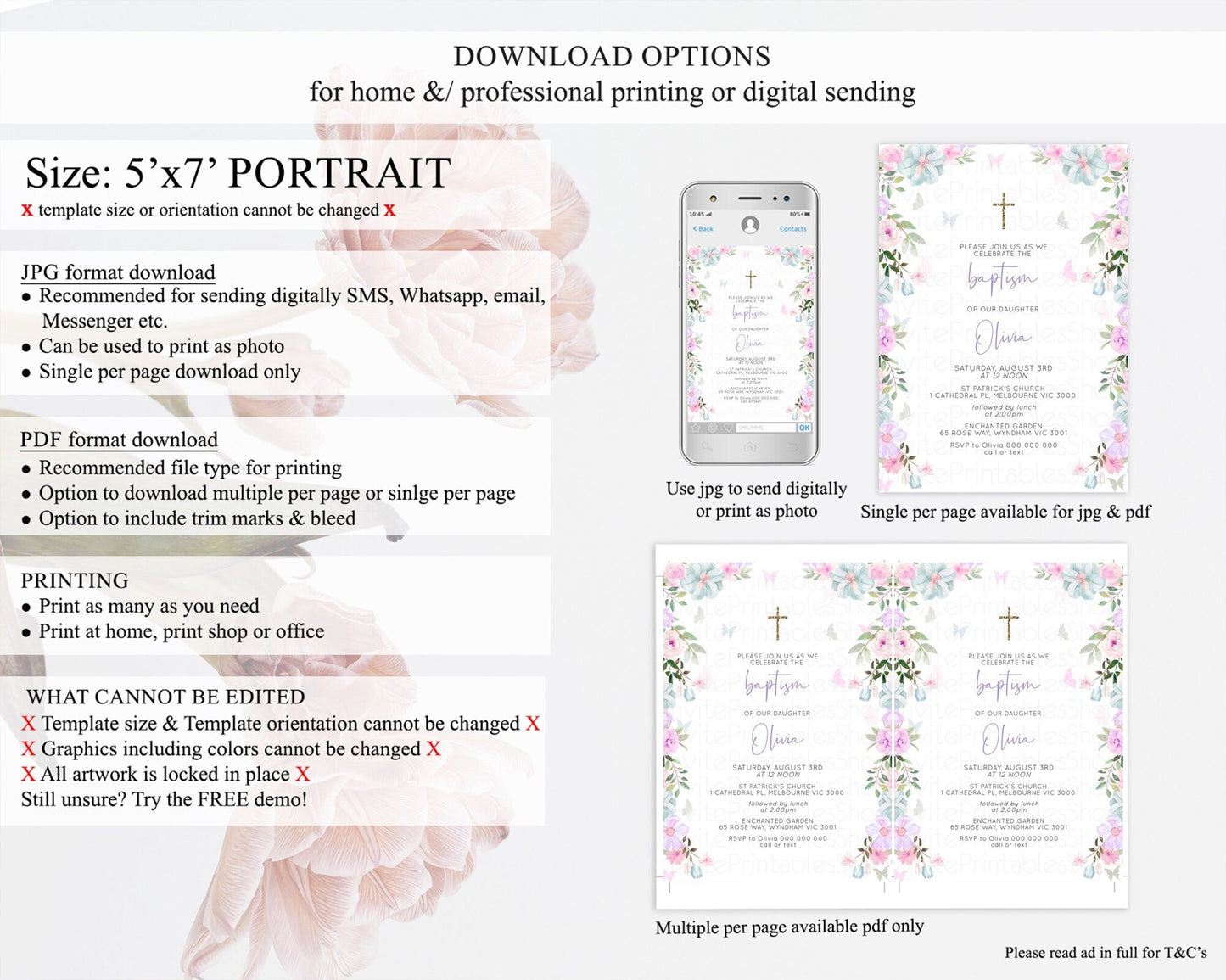 Secret Garden Baptism Invitation Wildflower Baptism Birthday Invite Pastel Flowers Christening Invite Enchanted Garden Boho Floral D10494