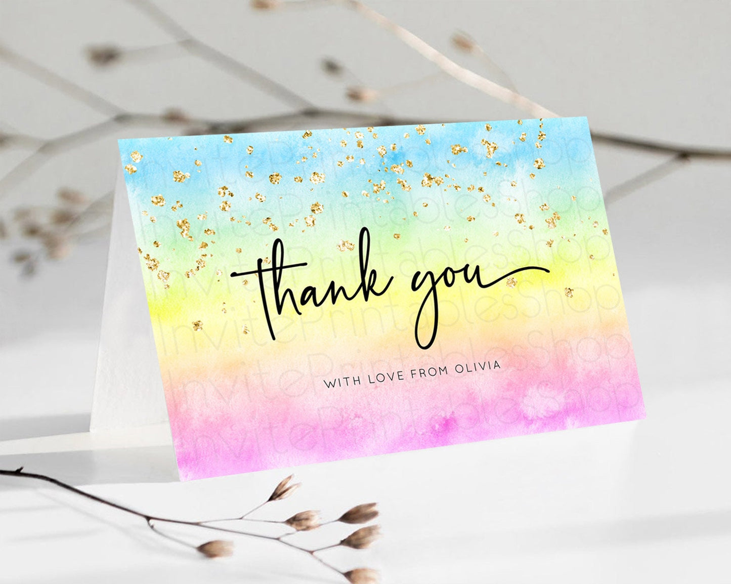 Pastel Thank You Rainbow Thank You Card Colorful Pastel Birthday Thank You Card Confetti Watercolor Pastel Teacher Thank You Cards D10480