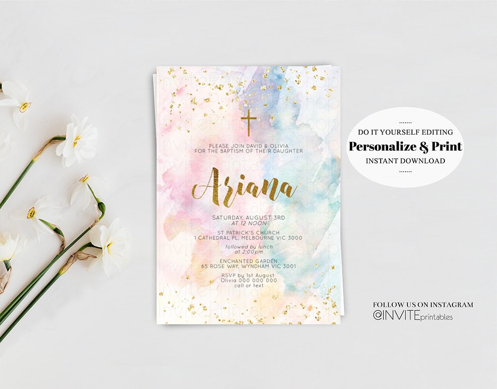 Rainbow Baptism Invitation Colorful Watercolor Christening Invitation Pastel Invite Splash Gold Splatter Foil Communion Orthodox Cross 276