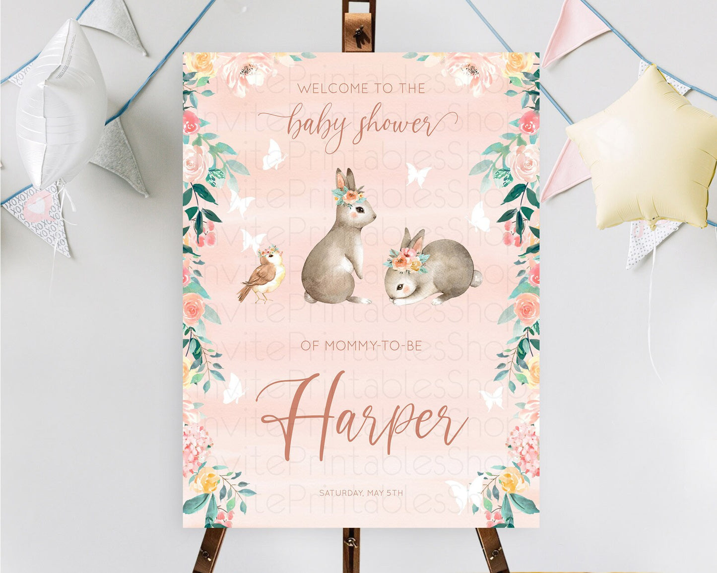 Bunny Baby Shower Welcome Sign Floral Bunny Welcome Board Pastel Flowers Woodland Bunny Welcome Poster Forest Bunny Welcome Sign D10922