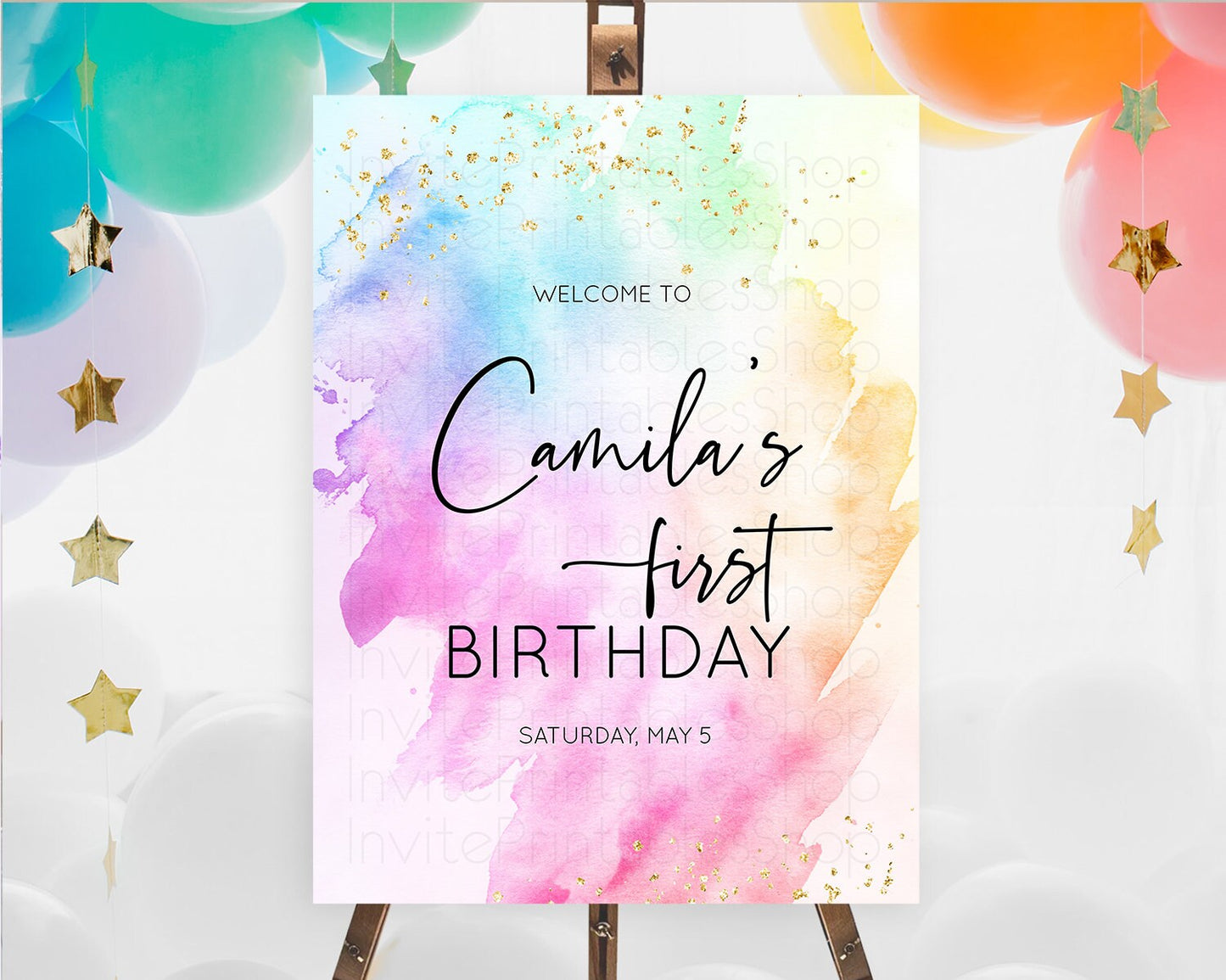 Pastel Welcome Sign Pastel Rainbow Welcome Sign Colorful Rainbow Confetti Watercolor Glitter Pastel First Birthday Welcome Sign D10449