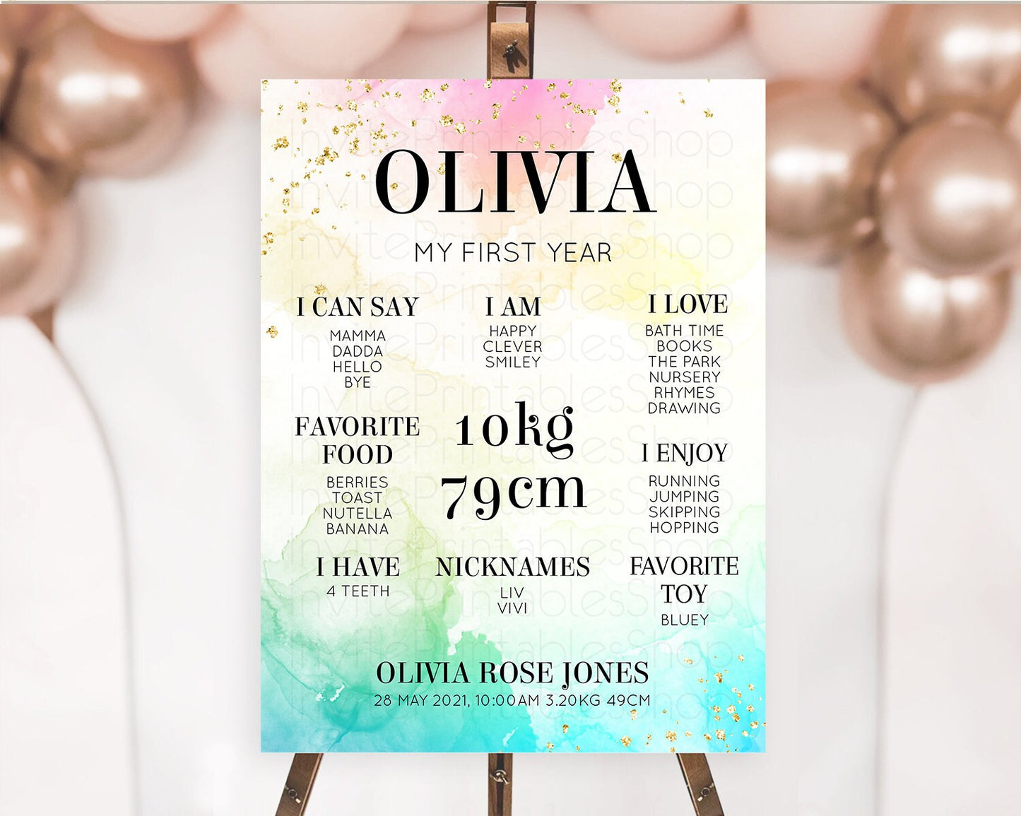 Pastel First Birthday Milestone Board Pastel Rainbow Milestone Poster Colorful Confetti Watercolor Glitter 1st Birthday Welcome Sign D10770