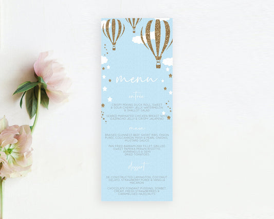 Hot Air Balloon Menu Hot Air Balloon Menu Template Hot Air Balloon Table Decor Adventure Awaits Dinner Dessert Party Food Menu D10332