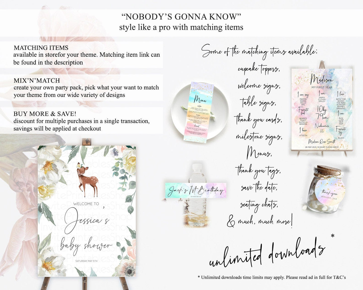 Fawn Baby Shower Welcome Sign Deer Welcome Board Floral Deer Welcome Poster Enchanted Forest Butterfly Pastel Floral Welcome Sign D11030